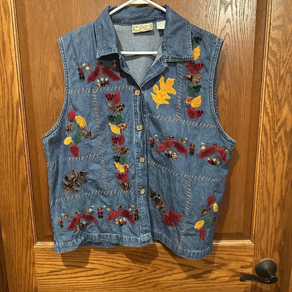Vintage New Direction Woman Denim Vest 2X Fall Leaf‎ Embroidery Button Front